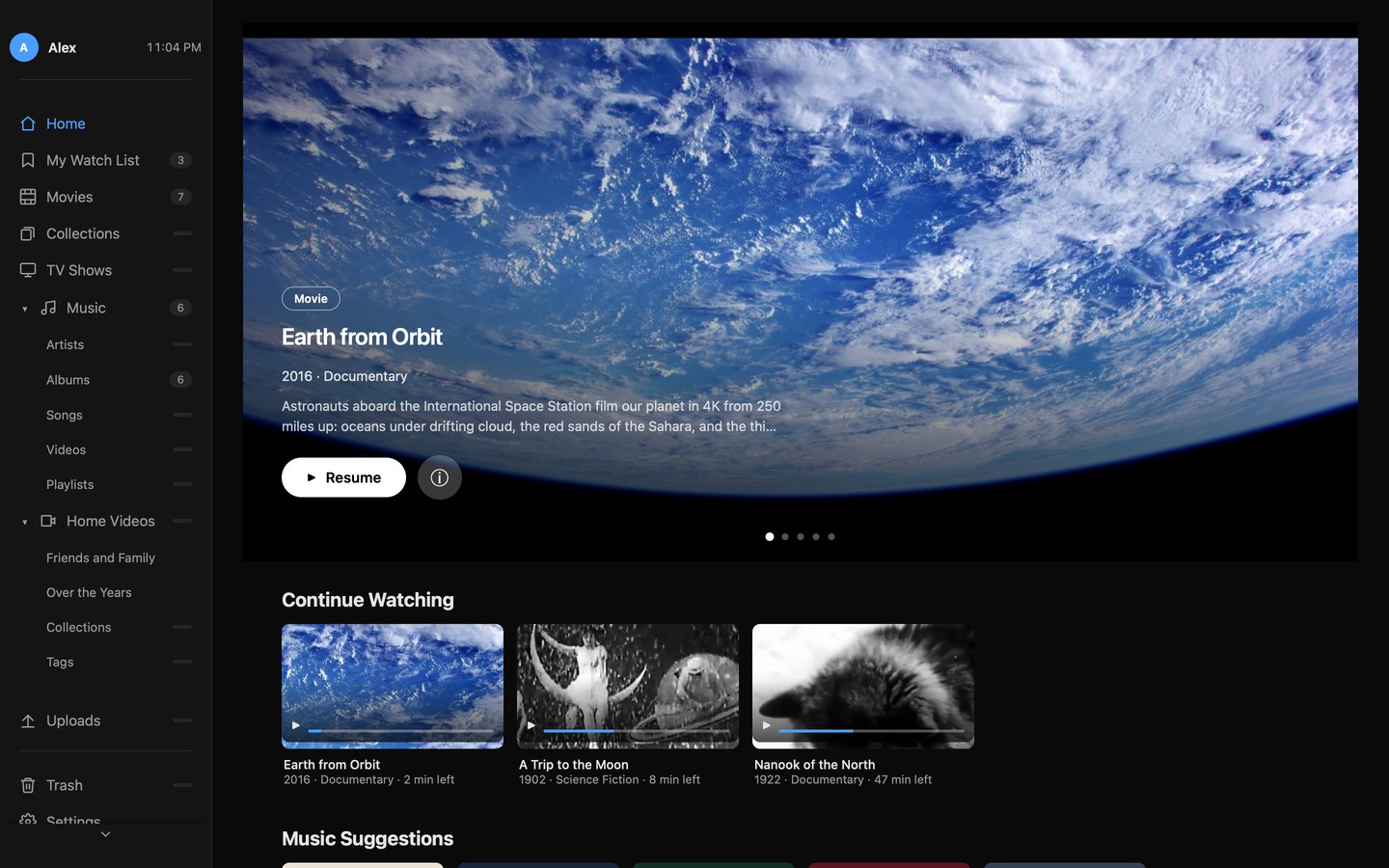 Home Stream in a browser: Earth from Orbit in the featured banner, with films to continue watching below